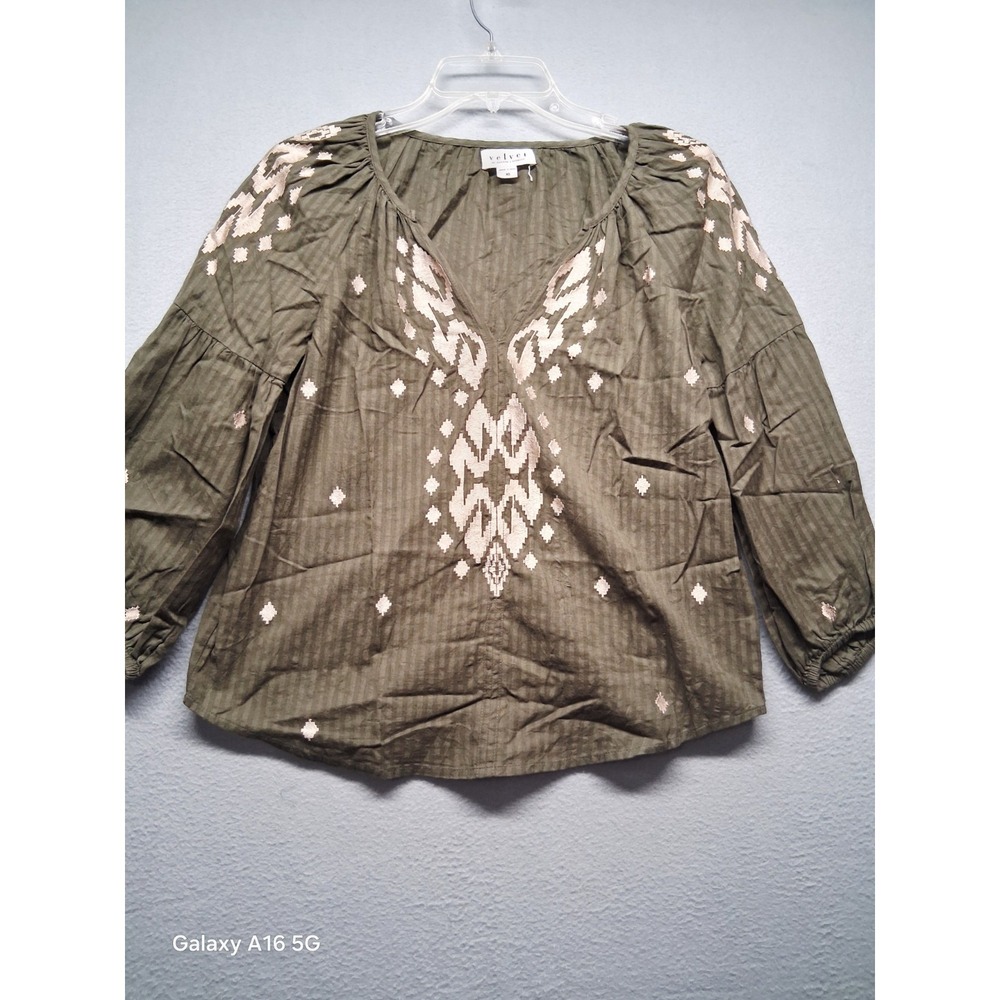 Velvet‎ Women's Green 1/4 Sleeve Embroidered  Blouse Size XS